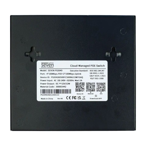 Хмарно керований 6-ти портовий PoE комутатор SEVEN PS204D-12V (Cloud POE: 4, UP: 2)