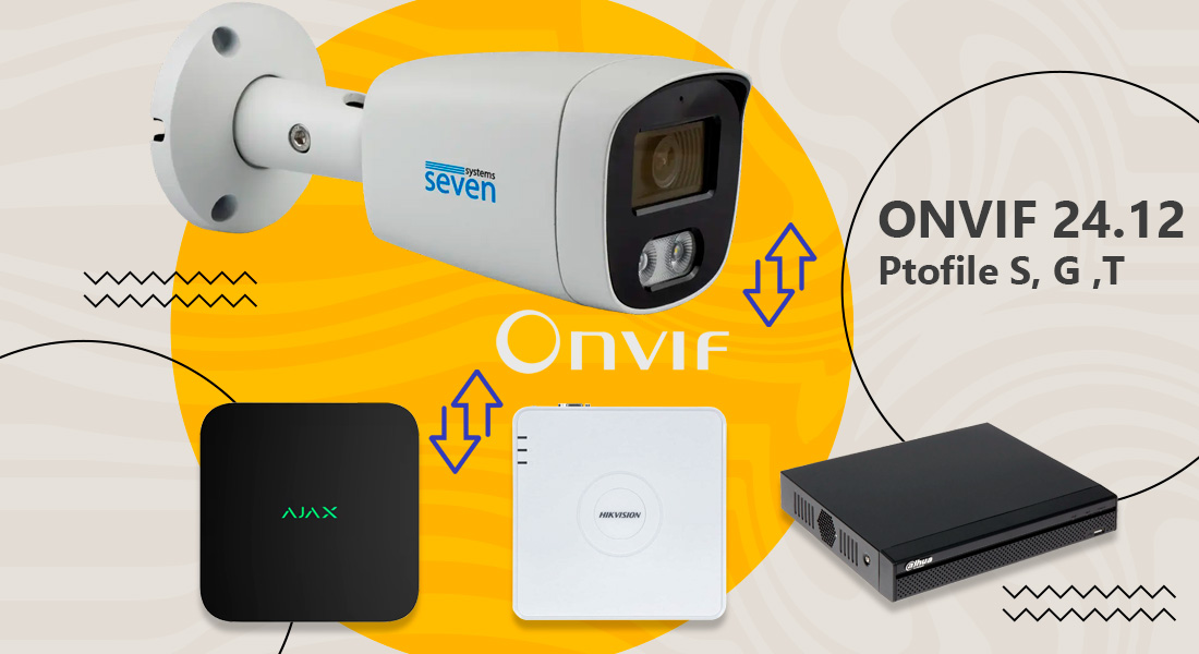 IP-відеокамера 5 Мп SEVEN IP-1025PA-DL white 2,8 мм з розумним подвійним підсвічуванням Модель SEVEN IP-1025PA-DL white коректно працює зі сторонніми відеореєстраторами, зокрема Ajax, Hikvision, Dahua, Uniview та іншими. Камера підтримує ONVIF 24.12 з профілем S, G та T, що забезпечує: стабільну передачу відео, коректну роботу подій (детекція руху, тривожні сповіщення тощо), надійну інтеграцію в професійні системи безпеки.