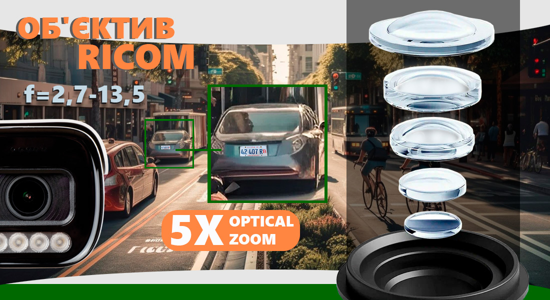 Моторизована варіофокальна IP-відеокамера 5 Мп SEVEN IP-7245PA-DL 2,7-13,5 мм з розумним подвійним підсвічуванням Камера відеоспостереження SEVEN IP-7245PA-DLMV оснащена якісним варіофокальним об'єктивом RICOM з фіксованою фокусною відстанню f=2,7-13,5 мм та світлосилою F1.6 - 3.3 Це забезпечує великий кут огляду. Камера охоплює більше простору, що дозволяє контролювати приміщення або територію з однієї точки встановлення.