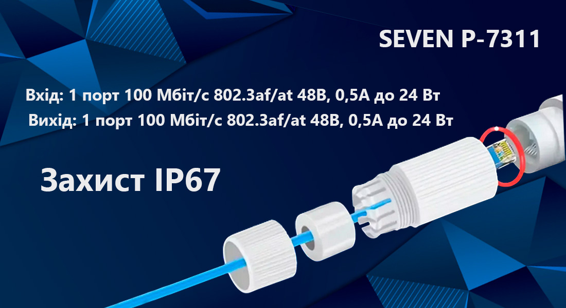 PoE репітер герметичний SEVEN P-7311 Живлення SEVEN P-7311 передається за двома парами дротів Ethernet-кабелю: контакти 1, 2 «+», 3, 6 «-». Така схема дає змогу використовувати кабель UTP з чотирма жилами замість стандартних восьми.