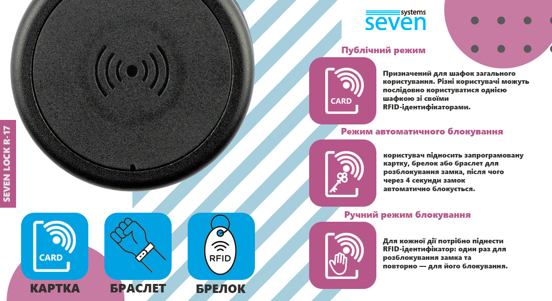 Однією з головних особливостей SEVEN LOCK R-17 є публічний режим роботи. Він особливо зручний для об'єктів, де одна й та сама шафка протягом дня використовується різними людьми. Користувач обирає вільну шафку, прикладає до замка свою карту, брелок або браслет стандарту MIFARE 13,56 МГц та блокує її. Після цього відкрити замок можна тим самим ідентифікатором. Поки шафка зайнята, інші користувацькі RFID-ідентифікатори не зможуть її відкрити.