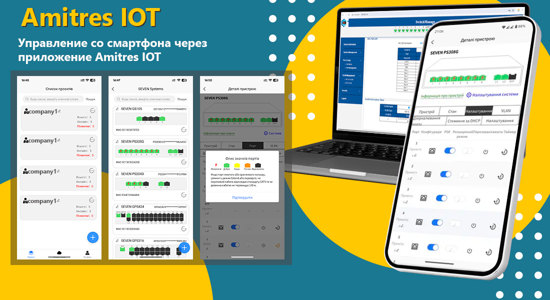 Облачно управляемый гигабитный 28-портовый PoE-коммутатор SEVEN GPS424 (Cloud POE: 24G, UP: 2G+2SFP) SEVEN GPS424 обеспечивает удобное управление сетью прямо со смартфона благодаря мобильному приложению Amitres IOT, разработанному для iOS и Android. Также доступен WEB-интерфейс, что расширяет возможности контроля.