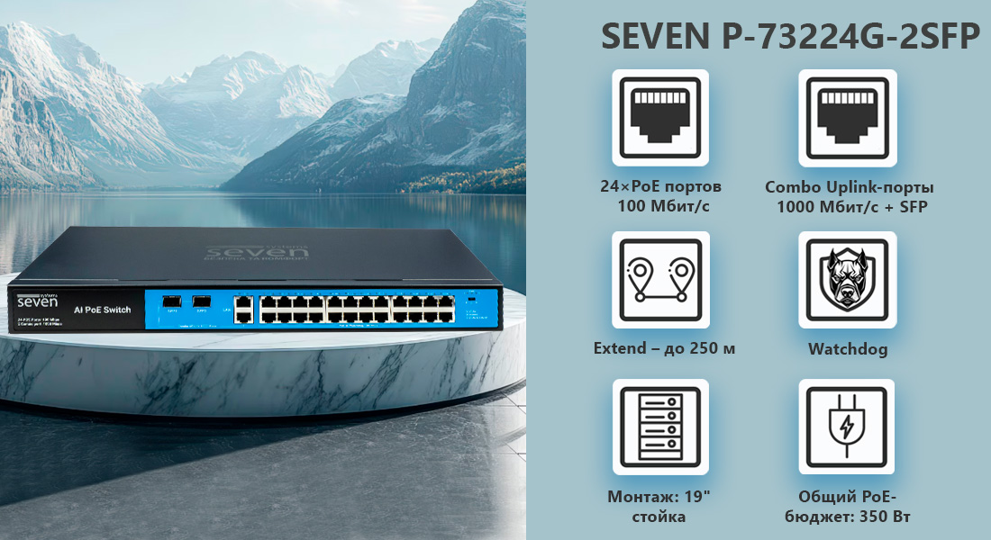 PoE коммутатор 24 порта SEVEN P-73224G-2SFP (POE: 24, UP: 2 Combo G / SFP) Технические характеристики