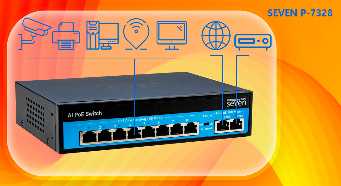 PoE комутатор 8 портів SEVEN P-7328 (POE: 8, UP: 2) поє свіч, poe switch для відеоспостереження, switch epoe