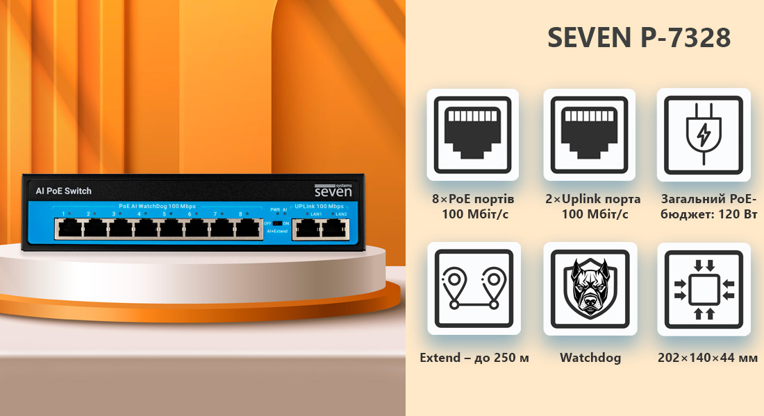 PoE комутатор 8 портів SEVEN P-7328 (POE: 8, UP: 2) поє свіч, poe switch для відеоспостереження, switch epoe