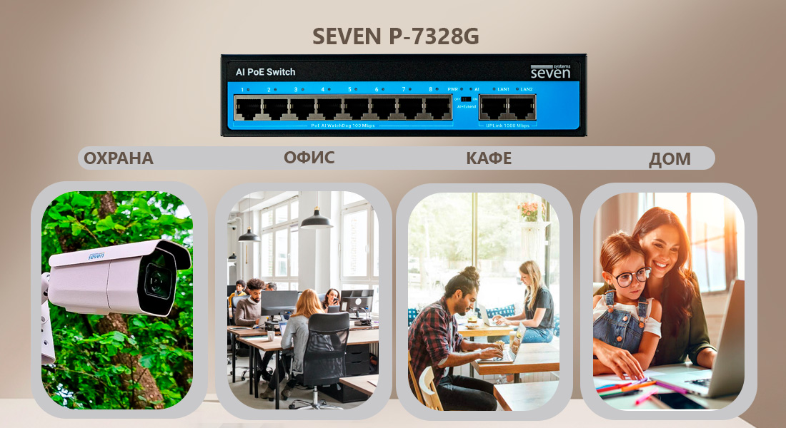 PoE коммутатор 8 портов SEVEN P-7328G (POE: 8, UP: 2G) Неуправляемый PoE-коммутатор SEVEN P-7328G лучше всего подходит для простых сетевых конфигураций с невысокими требованиями со стороны пользователей. Это удобное решение для домашних сетей и небольших офисов.