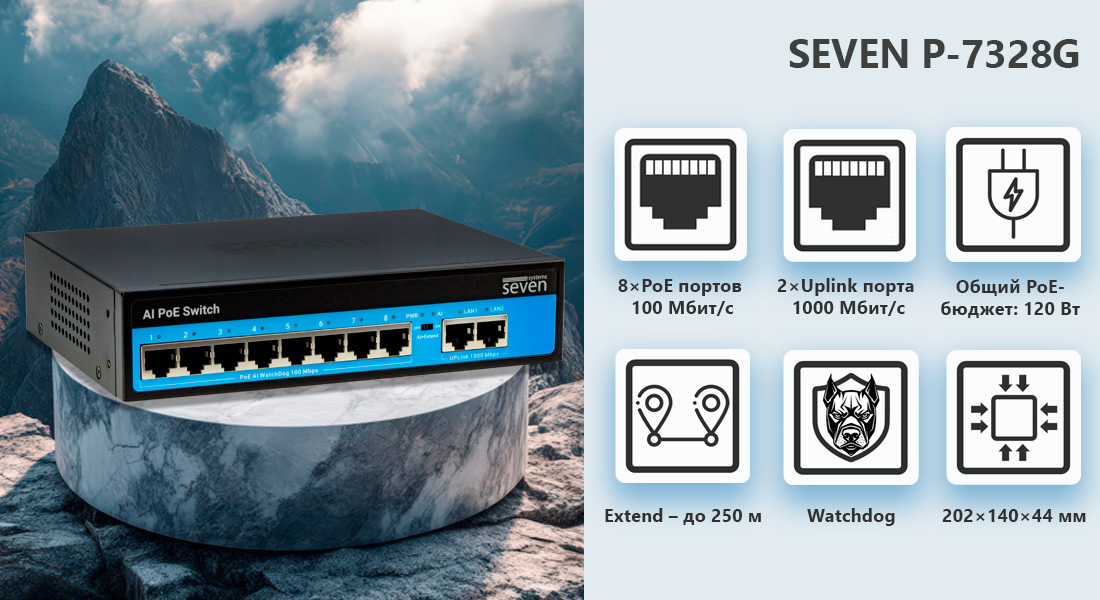 PoE коммутатор 8 портов SEVEN P-7328G (POE: 8, UP: 2G) пое свич, poe switch для видеонаблюдения, switch epoe