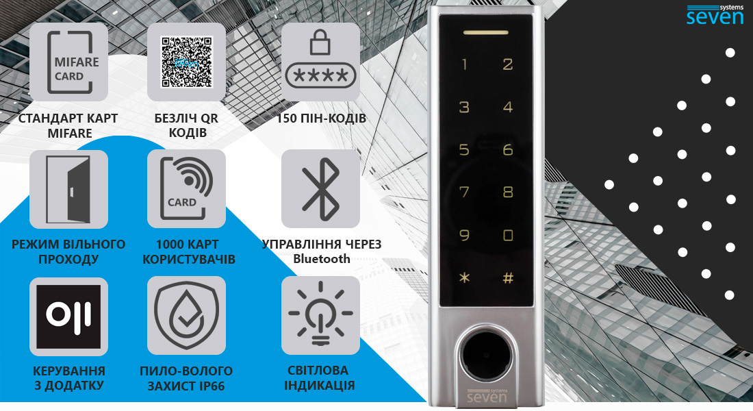 Умный контроллер доступа Bluetooth с клавиатурой и считывателем QR кодов SEVEN CR-7476BQ MIFARE